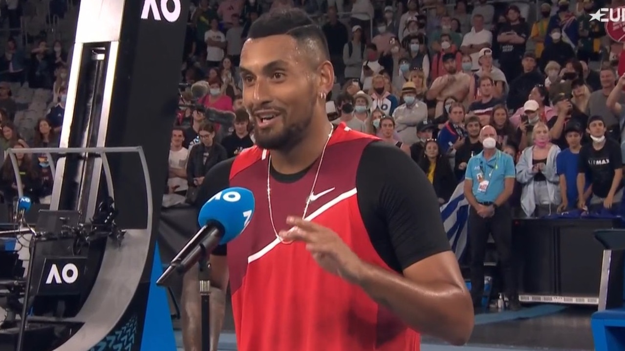 Nick Kyrgios reacts after his win.