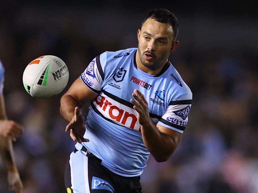 Braydon Trindall of the Sharks passes the ball. (Photo by Jeremy Ng/Getty Images)