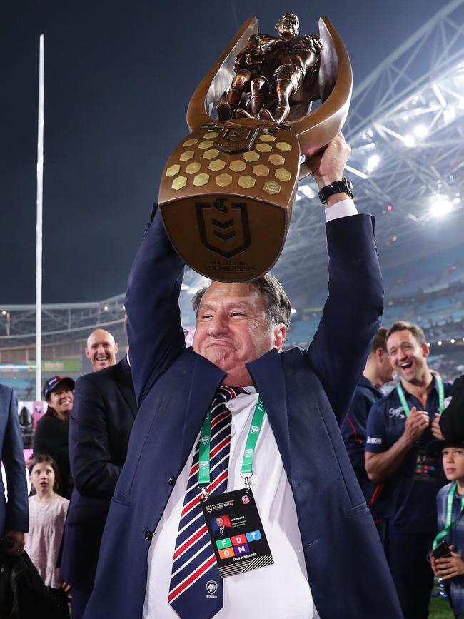 Lifting the 2019 premiership trophy. Photo by Matt King/Getty Images