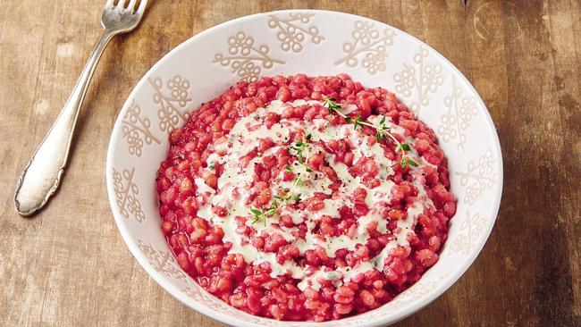 Plum tomato risotto with basil puree.