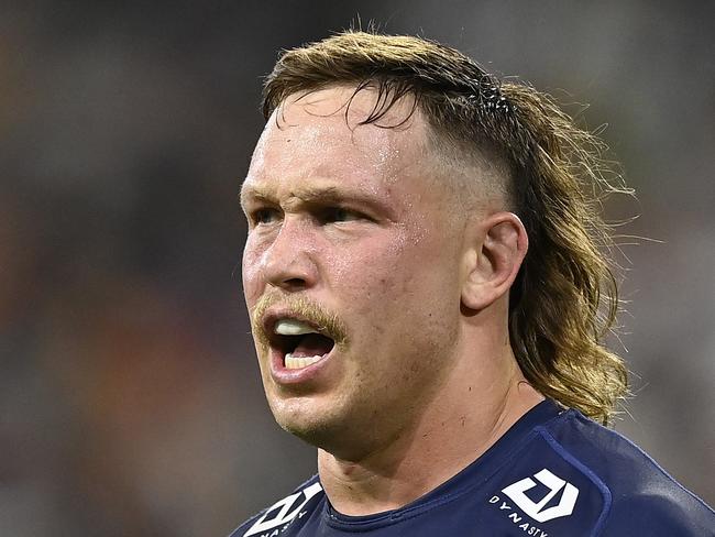 TOWNSVILLE, AUSTRALIA - SEPTEMBER 14:  Reuben Cotter of the Cowboys reacts during the NRL Qualifying Final match between North Queensland Cowboys and Newcastle Knights at Queensland Country Bank Stadium on September 14, 2024 in Townsville, Australia. (Photo by Ian Hitchcock/Getty Images)