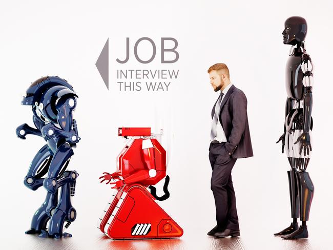 A man waiting in line between robots on a job interview. 3D rendering.