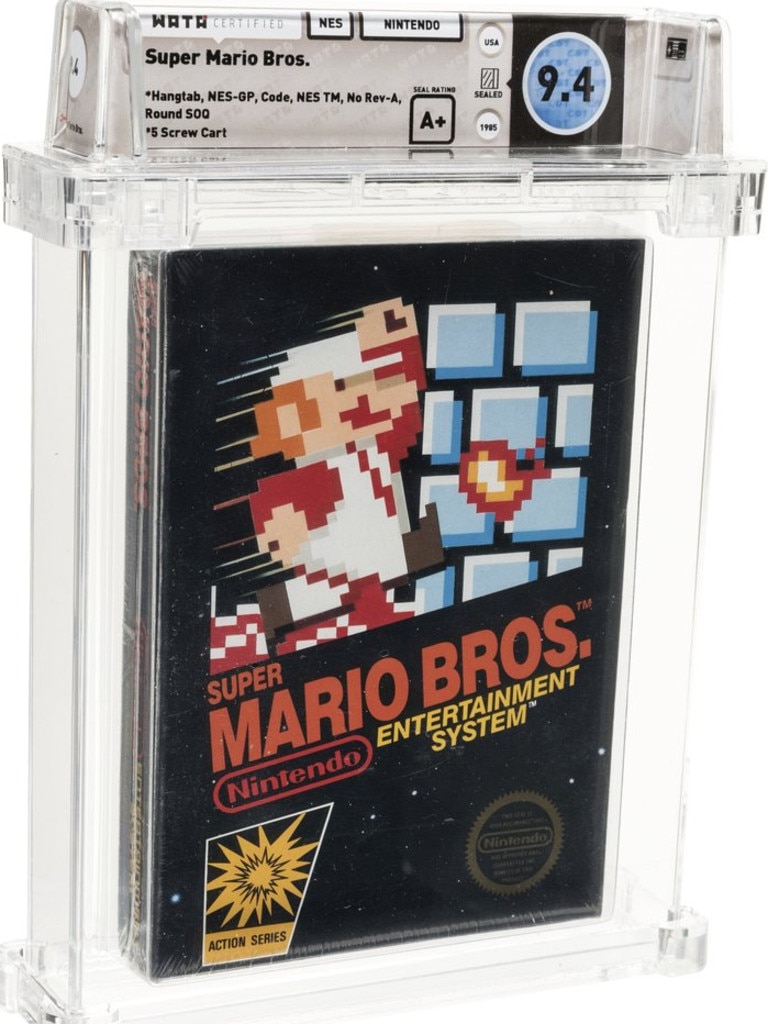 The front of the unopened copy of a vintage Super Mario Bros. video game sold at auction. Picture: Emily Clemens/Heritage Auctions via AP