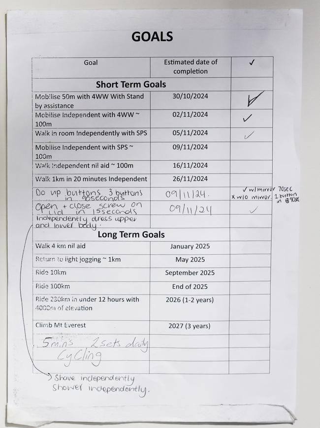 Goldsborough Valley resident John King is lucky to be alive after crashing his bicycle at high speed into a stationary vehicle that had pulled over in a bike lane on October 13. John has a list of short term and long term goals stuck to the wall of his room in the CHHHS sub acute care ward in Manoora. Picture: Brendan Radke