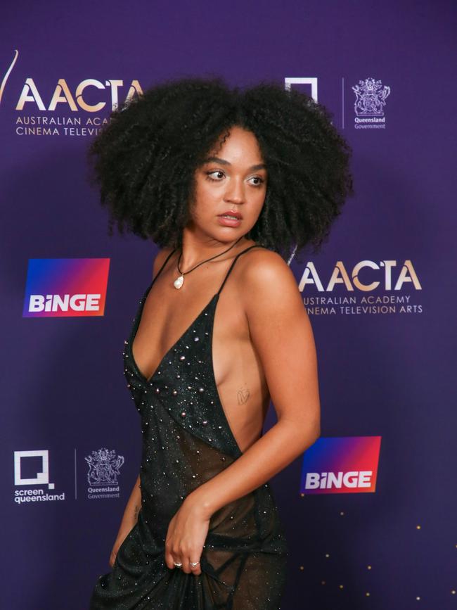 Aisha Dee arrives on the Red Carpet at the 2024 Aacta Awards at HOTA on the Gold Coast. Picture: Glenn Campbell
