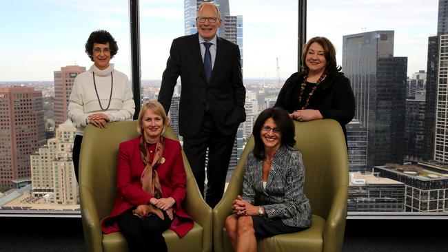 Nora Scheinkestel, Katherine Woodthorpe, Gene Tilbrook, Sylvia Falzon and Kathleen Bailey-Lord yesterday. Picture: Stuart McEvoy.