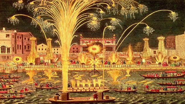 A painting of the George II fireworks in London’s Green Park in April 1749, staged to celebrate the end of the War of the Austrian Succession and the signing of the Treaty of Aix-la-Chapelle in 1748.