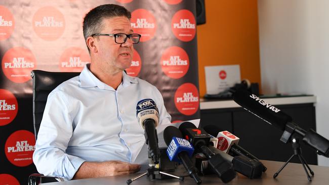 The AFL Players' Association chief executive Paul Marsh addresses the media on Tuesday Picture: AAP