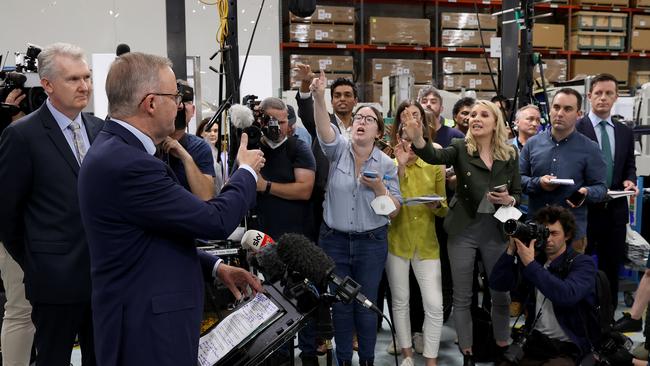 Labor leader Anthony Albanese takes questions from the media at Tritium e-technology manufacturers in Murarrie, Brisbane on day eight of the election campaign. Picture: Toby Zerna