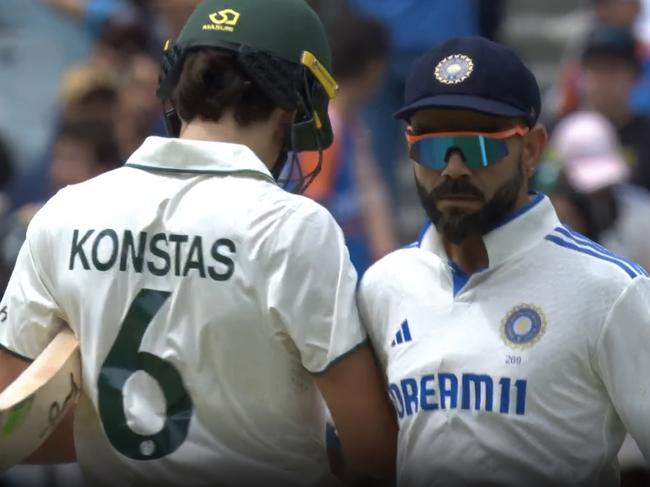 Australian teen debutant Sam Konstas and Indian legend Virat Kohli clash during the Boxing Day Test. Picture: Kayo