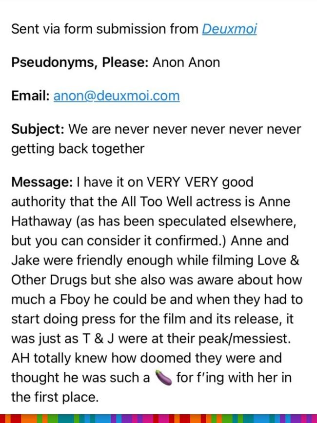 Did someone just confirm that Anne Hathaway was the actor who comforted Swift in All Too Well? Image: Instagram / @deuxmoi