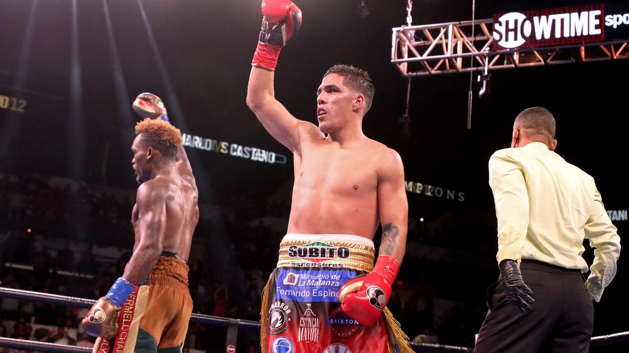 Jermell Charlo (L) and Brian Castano (R) react after their Super Welterweight fight at AT&amp;T Center on July 17, 2021 in San Antonio, Texas.