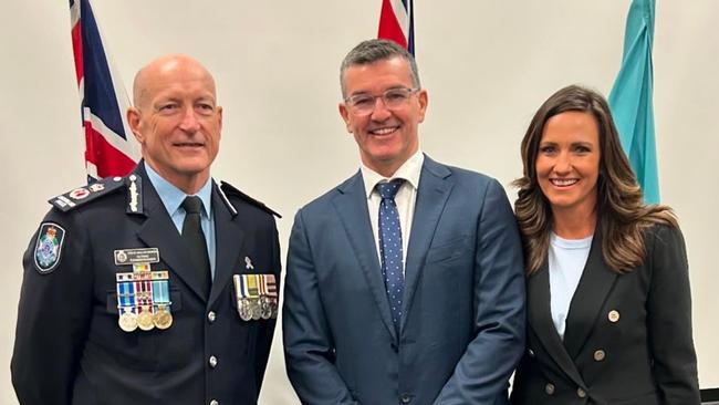 Bianca Stone with husband Mark Mooney and Police Commissioner Steve Gollschewski