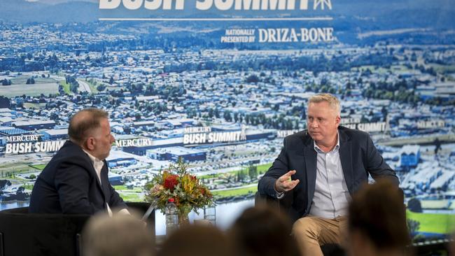 Mercury editor Craig Herbert interviews Premier Jeremy Rockliff at the Mercury Bush Summit in Launceston. Picture: Rob Burnett