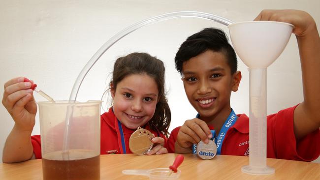 Canterbury South Public School students Laura Scrivener and Joshua Hunt won Australian Nuclear Science and Technology Organisation Science Medals. Picture: Craig Wilson