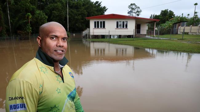 Harry Cobb’s father’s house surrounded by flood water in Ingles Street, Mossman, TC Jasper. Picture: Liam Kidston