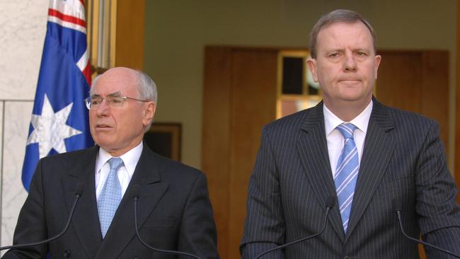 John Howard and Peter Costello holding a joint press conference at Parliament House, Canberra in 2007.