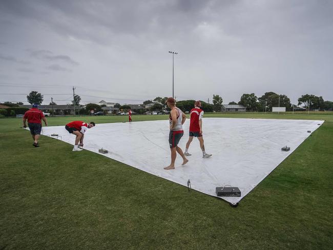 Covers went down after rain stopped play. Picture: Valeriu Campan