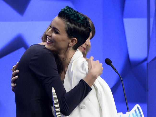 Good friends ... Taylor Swift hugs honoured Ruby Rose during the GLAAD Media Awards in Beverly Hills. Picture: Frazer Harrison/Getty Images for GLAAD