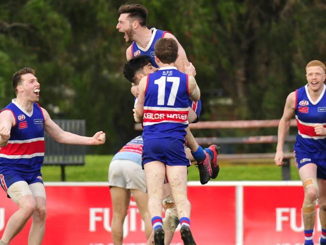 Keilor champion Kane Barbuto celebrates after nailing the last goal of the game. Picture: Jamie Morey