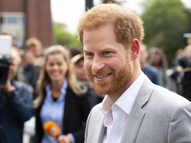 Prince Harry arrives at the A’dam Tower in Amsterdam after flying on a commercial jet. Picture: AFP