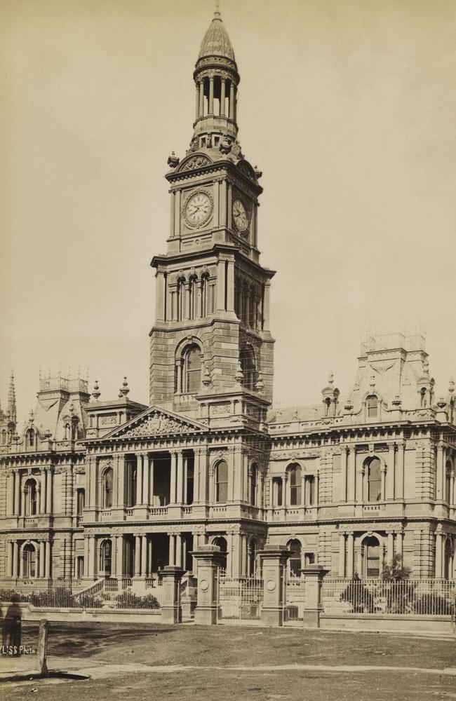 1885: One of the few images which is still recognisable. Sydney Town Hall in George St. Picture: Charles Bayliss/Hulton Archive/Getty Images