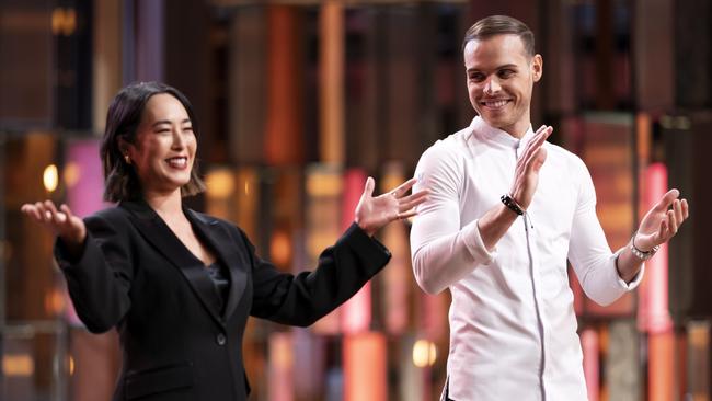 Melissa Leong and Amaury Guichon on set of Dessert Masters.