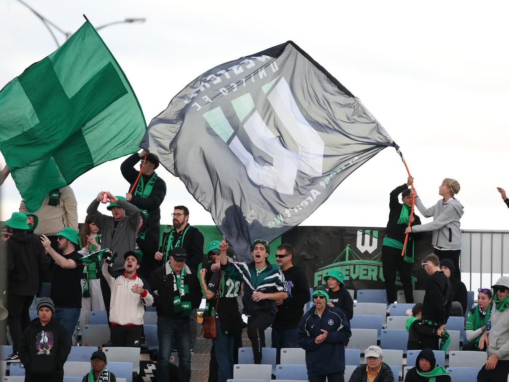 Western United fans cheer during the round 28 A-League match. Picture: Robert Cianflone