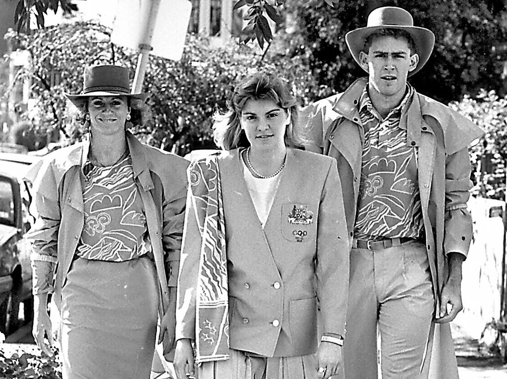 Big hair, big shoulder pads: Debbie Flintoff King, Kitty Chiller and David Culbert model the 1988 Olympic uniform