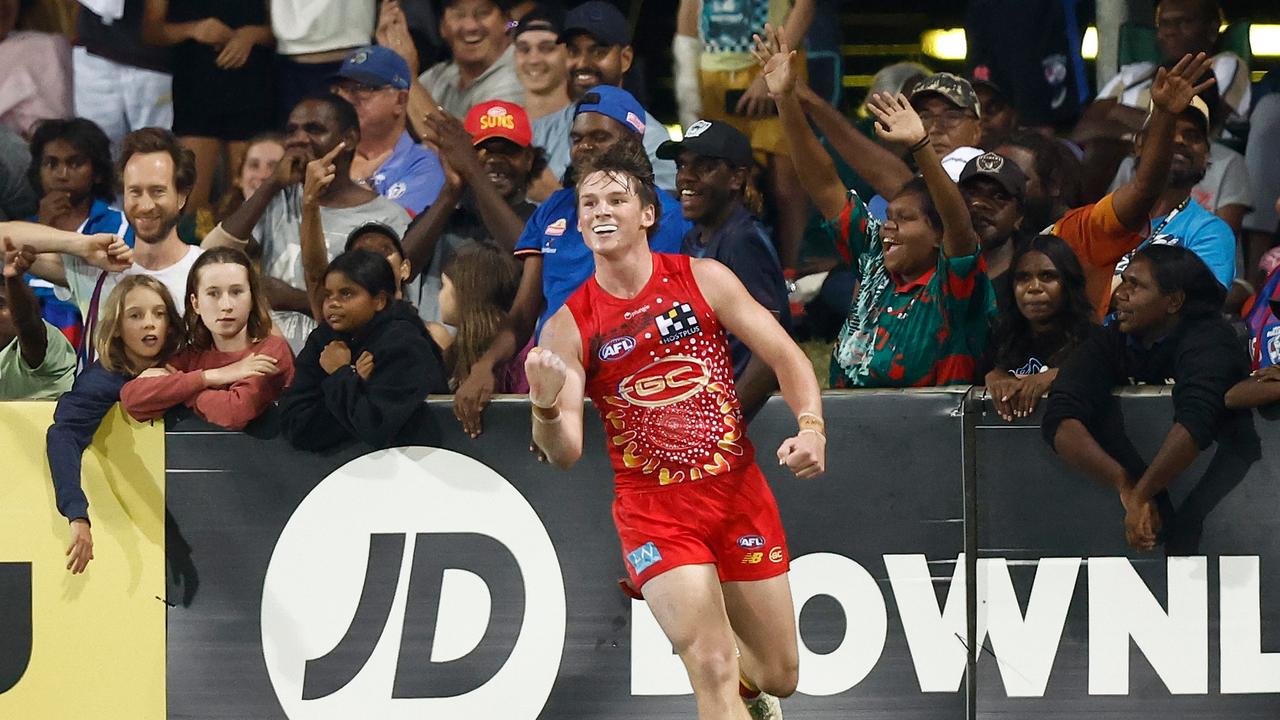 Bailey Humphrey celebrates after kicking the sealer against the Bulldogs. Picture: Michael Willson/AFL Photos