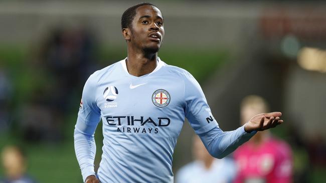 Melbourne City’s Shayon Harrison celebrates against Central Coast at AAMI Park. Picture: AAP