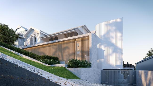 An architect’s rendering of the front street view of 9 Reading St, Paddington, showing the steeply sloping street. Neighbour Steve Baxter lives on the lower side of the home, to the right of this image.