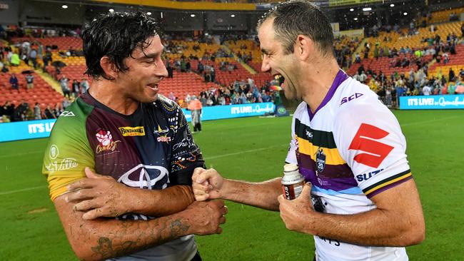 Johnathan Thurston (L) and Cameron Smith after their testimonial match.