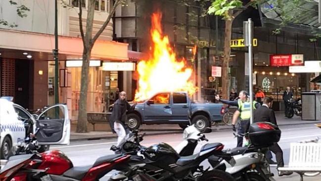 Hassan Khalif Shire Ali set a car on fire in Bourke St and killed innocent Sisto Malaspina before lunging at police officers. Picture: Chris Macheras