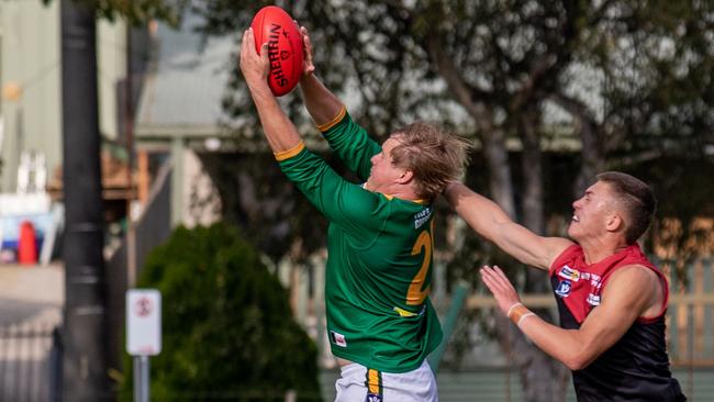 Leongatha's Jack Ginnane marks on the lead against Warragul on his way to 11 goals in the Gippsland league match. Picture: Mark Drury