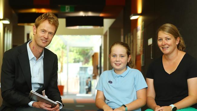 Professor Peter Vuillermin and Barwon Infant Study participant Eliza Breen, 11, and mum Angie. Picture: Alison Wynd