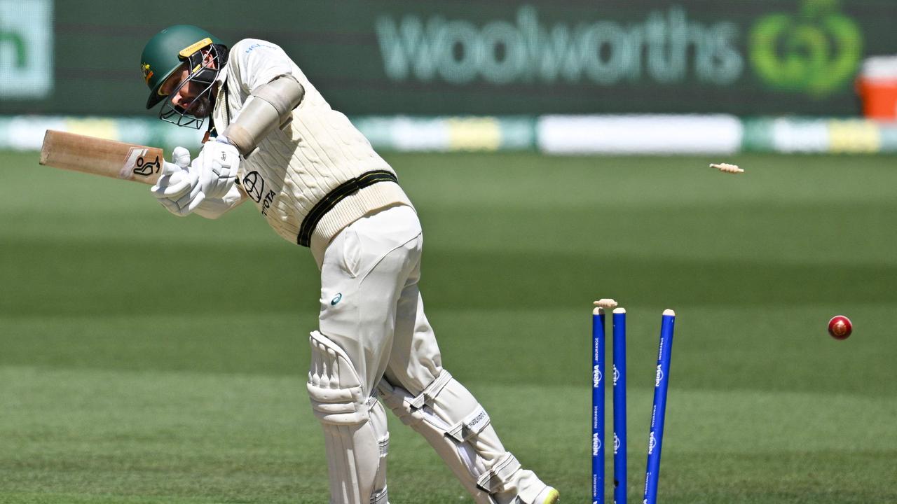 Australia’s Nathan Lyon is bowled by Shamar Joseph. Picture: Izhar KHAN