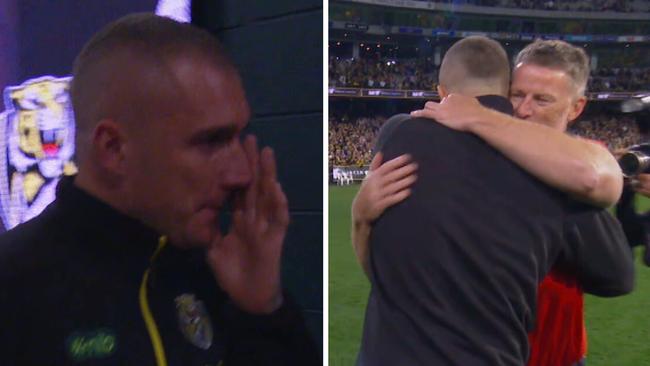 An emotional Dustin Martin leaves the MCG one last time / hugs former coach Damien Hardwick.