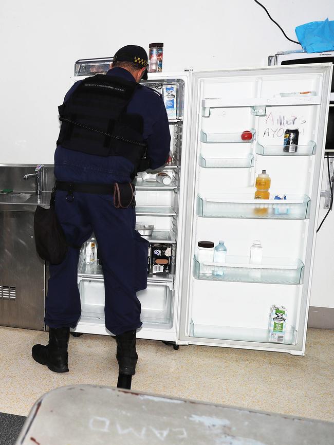 Searching a fridge in the common area of the pod. Picture: Peter Lorimer