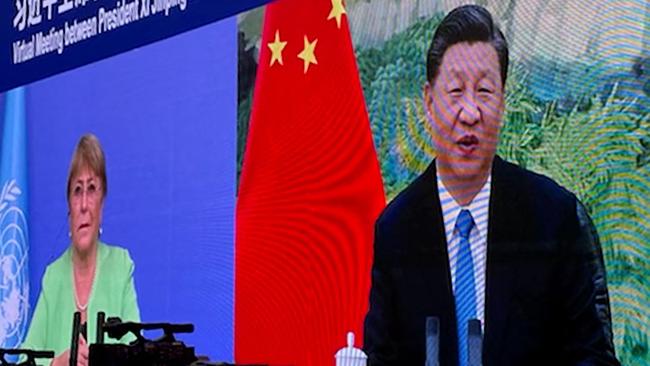 UN human rights chief Michelle Bachelet holds a virtual meeting with Chinese President Xi Jinping in Guangzhou. Picture: AFP