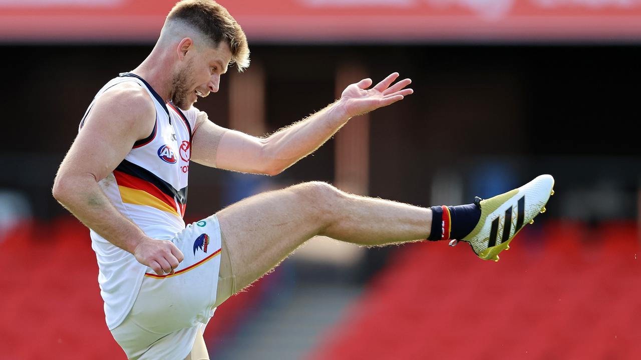 AFL Round 17. 13/09/2020. Carlton vs Adelaide at Metricon Stadium, Gold Coast..  Bryce Gibbs of the Crows kicks at goal q4      . Pic: Michael Klein