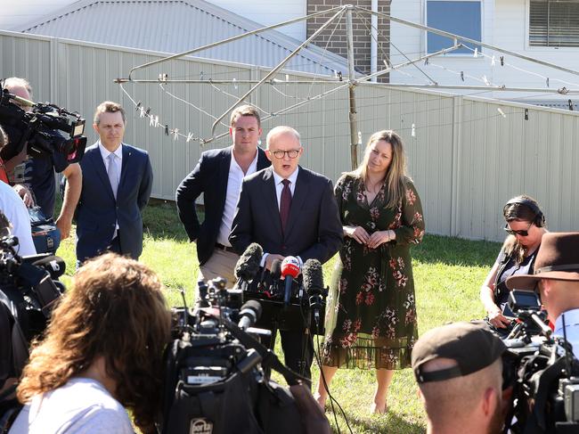 Labor’s funny man Jason Clare (left) with candidate Gordon Reid, leader Anthony Albanese and Emma McBride. Picture: Liam Kidston