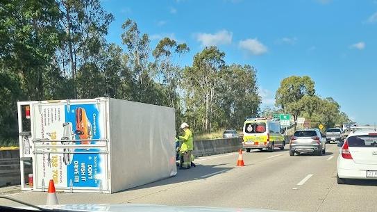 A truck has rolled over on the M1 at Pimpama. Picture: Facebook