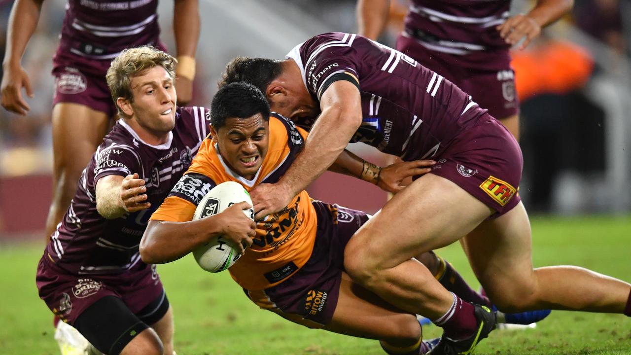 Anthony Milford scores a try in Brisbane’s win over Manly 
