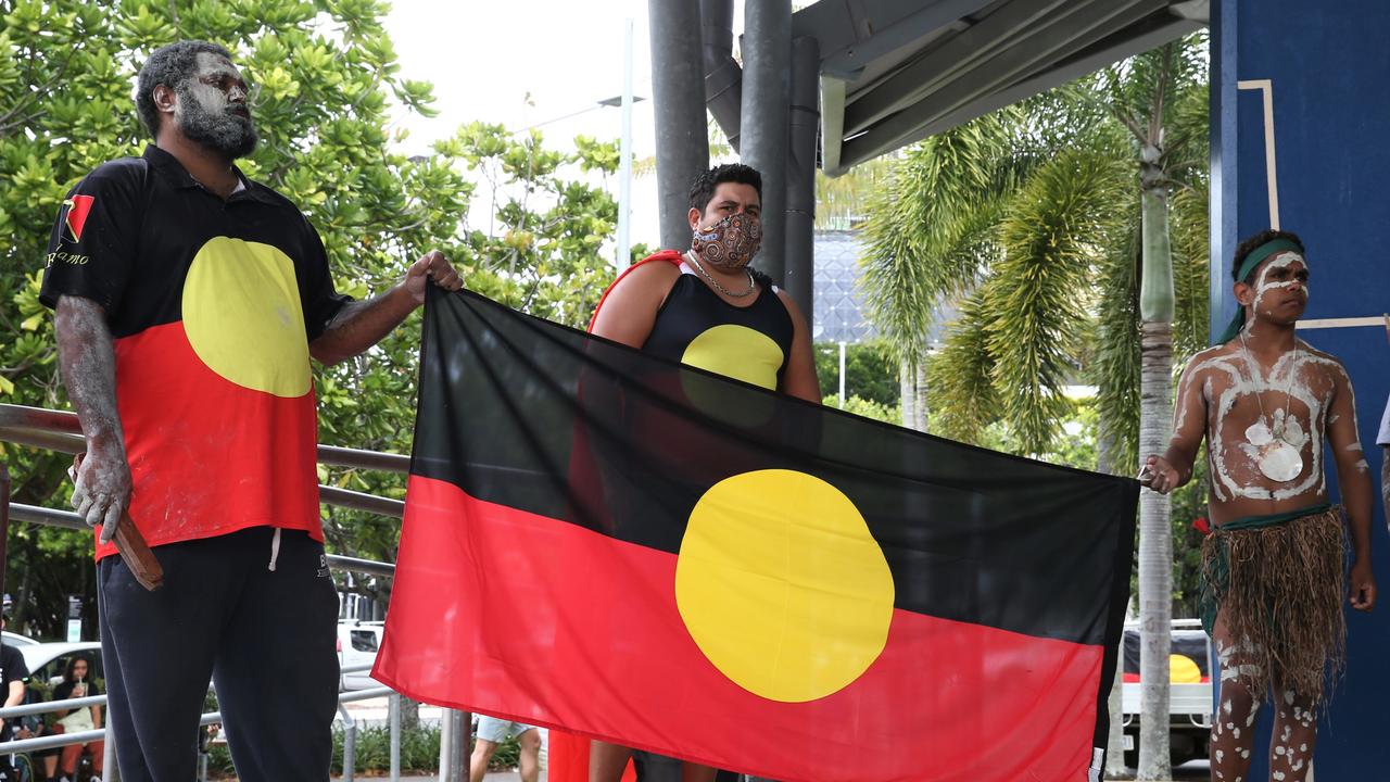 Colin Neal, Raymond Wright and Jahrahm Neal in Fogarty Park on Sunday to support Black Lives Matter. Picture: PETER CARRUTHERS