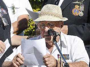 Resident Fred Hyland, reading the poem A Soldier Died Today at a pre-Anzac Day service at Ballina Ex-Services Home. . Picture: DOUG EATON