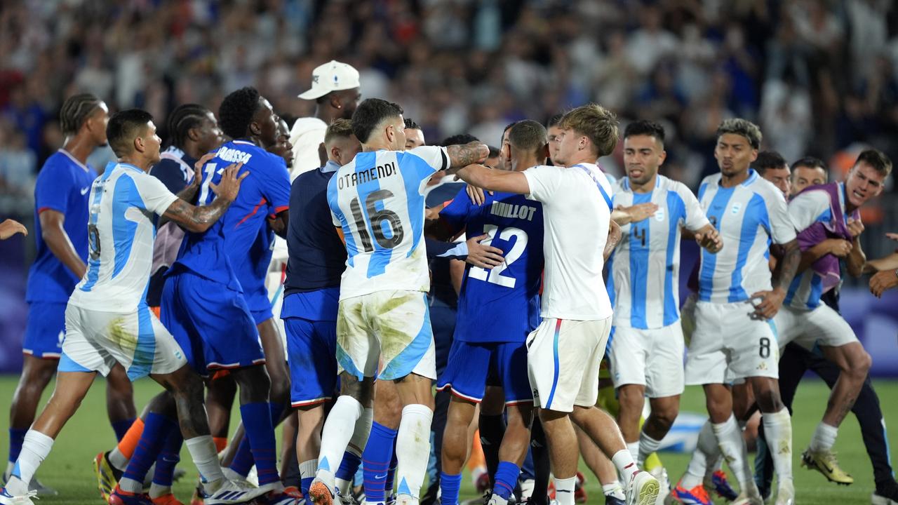 Players Team Argentina and Team France clash after the Men's Quarterfinal match. Picture: Getty