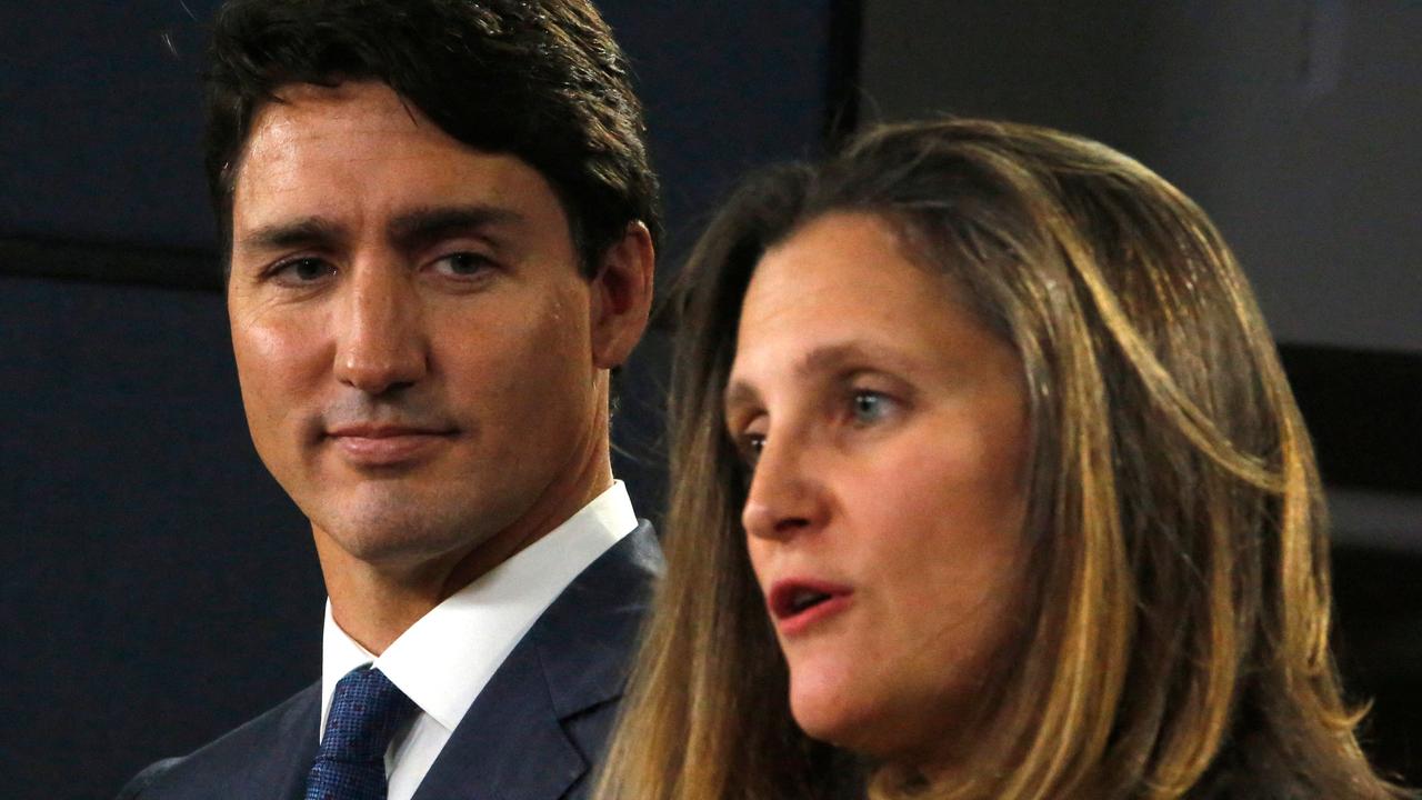 Justin Trudeau with Chrystia Freeland who resigned this week. Picture: Patrick Doyle/AFP