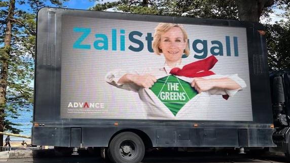 One of Advance’s Zali Steggall billboards hits the road in northern Sydney on Sunday.