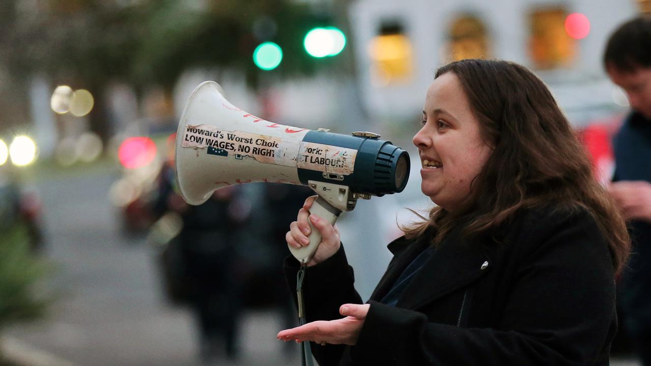 Geelong councillor Sarah Hathway addresses the crowd at the “You’re Welcome Here” rally. Picture: Alan Barber